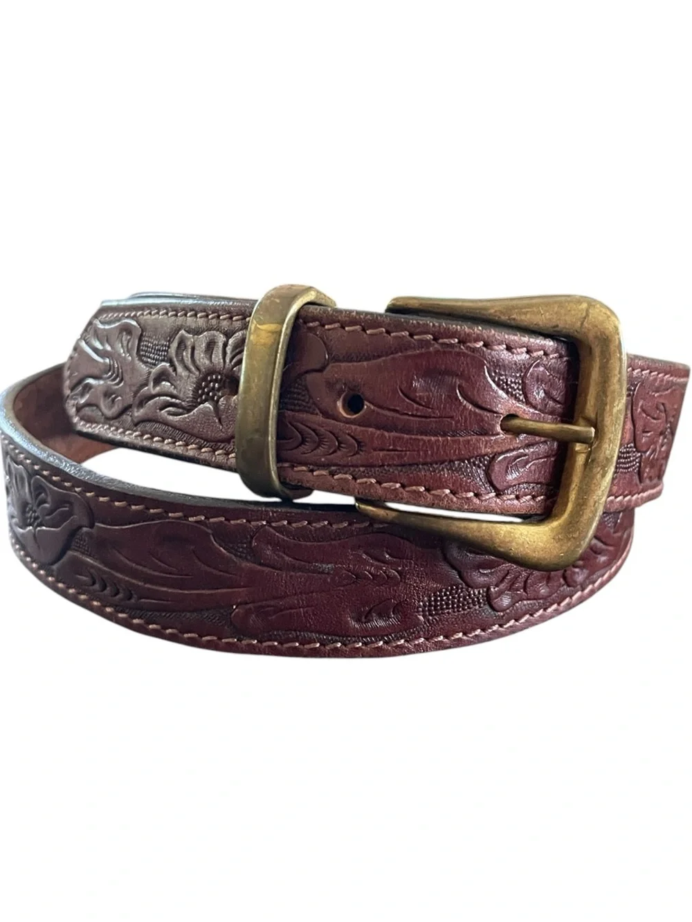 Brown Leather Floral Print Tooled Belt with Gold Finish Country Western Boho